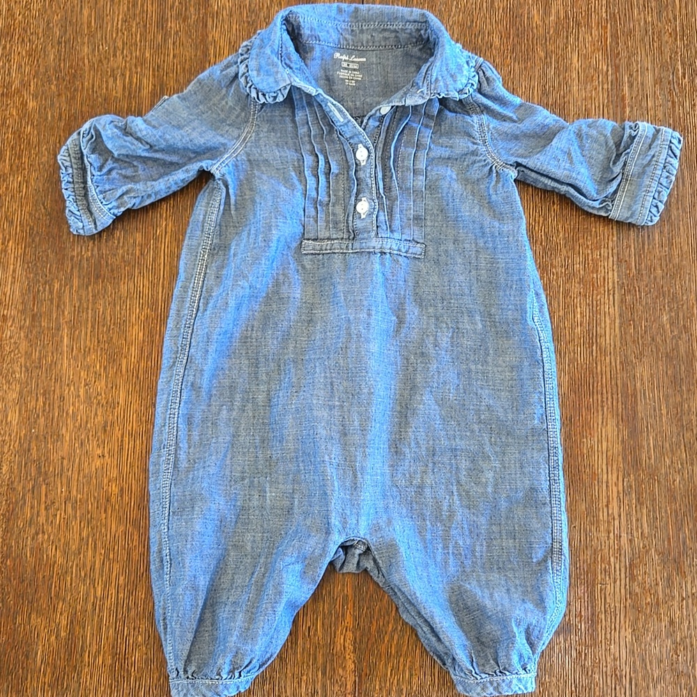 Ralph Lauren, Baby Girl Chambray Shortall, Size 3 Months